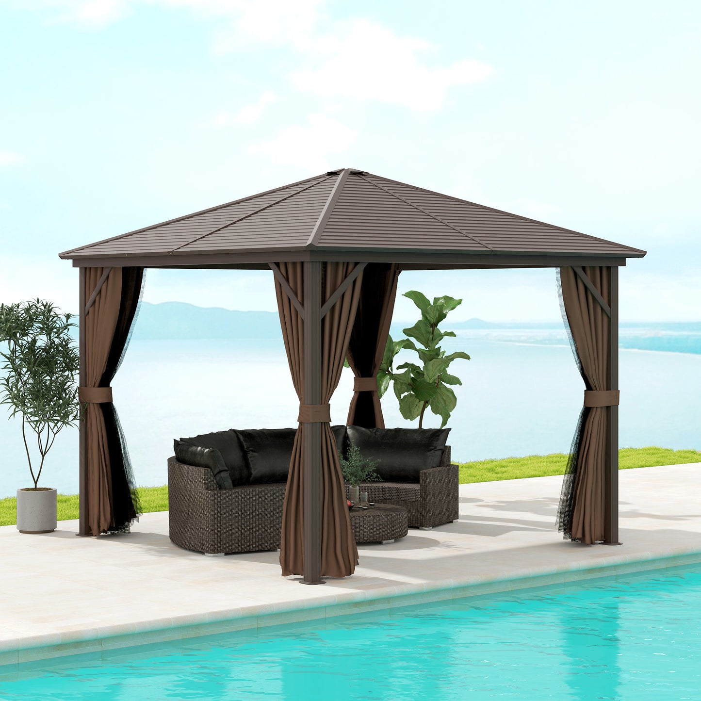 10x10 Aluminum Hardtop Gazebo Canopy with Curtains & Hook - Brown