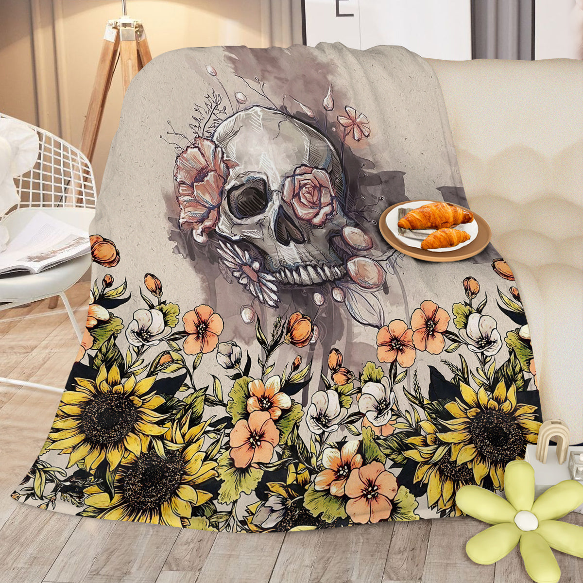 Rustic Skull Sunflower Flannel Fleece Throw Blanket - Multicolor