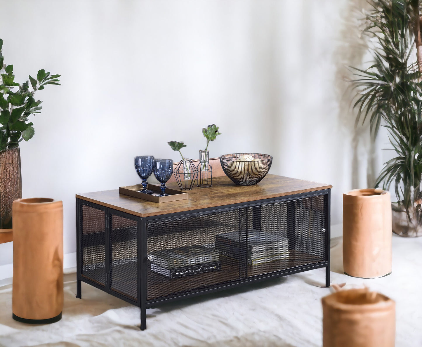 Antique Oak & Black Coffee Table with Storage Shelf