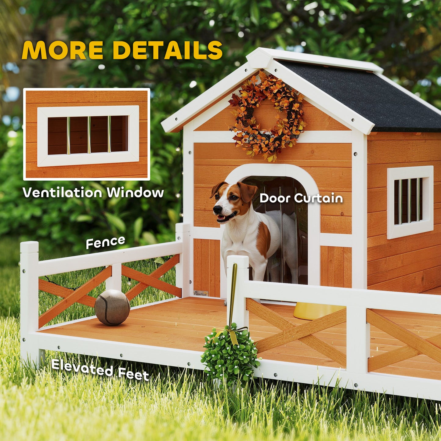 Outdoor Wooden Dog House with Porch, Weatherproof Roof & Removable Floor