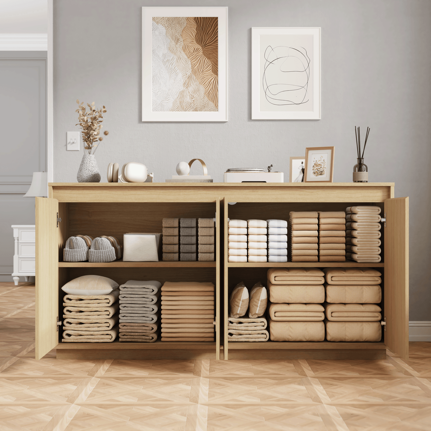 Natural 4-Door Sideboard Buffet Cabinet with Power Outlet