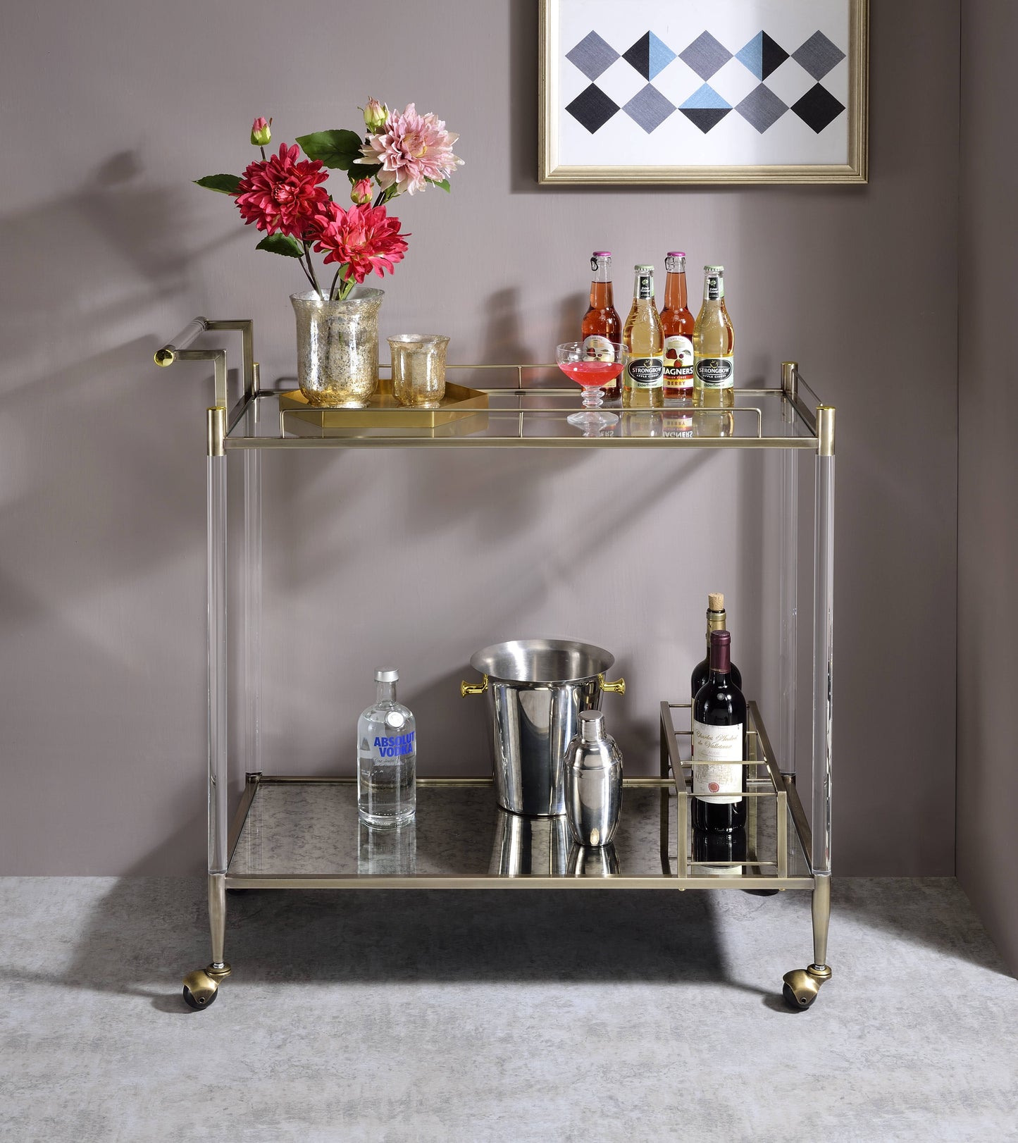 Antique Mirror & Wire Brass Finish Serving Cart - White