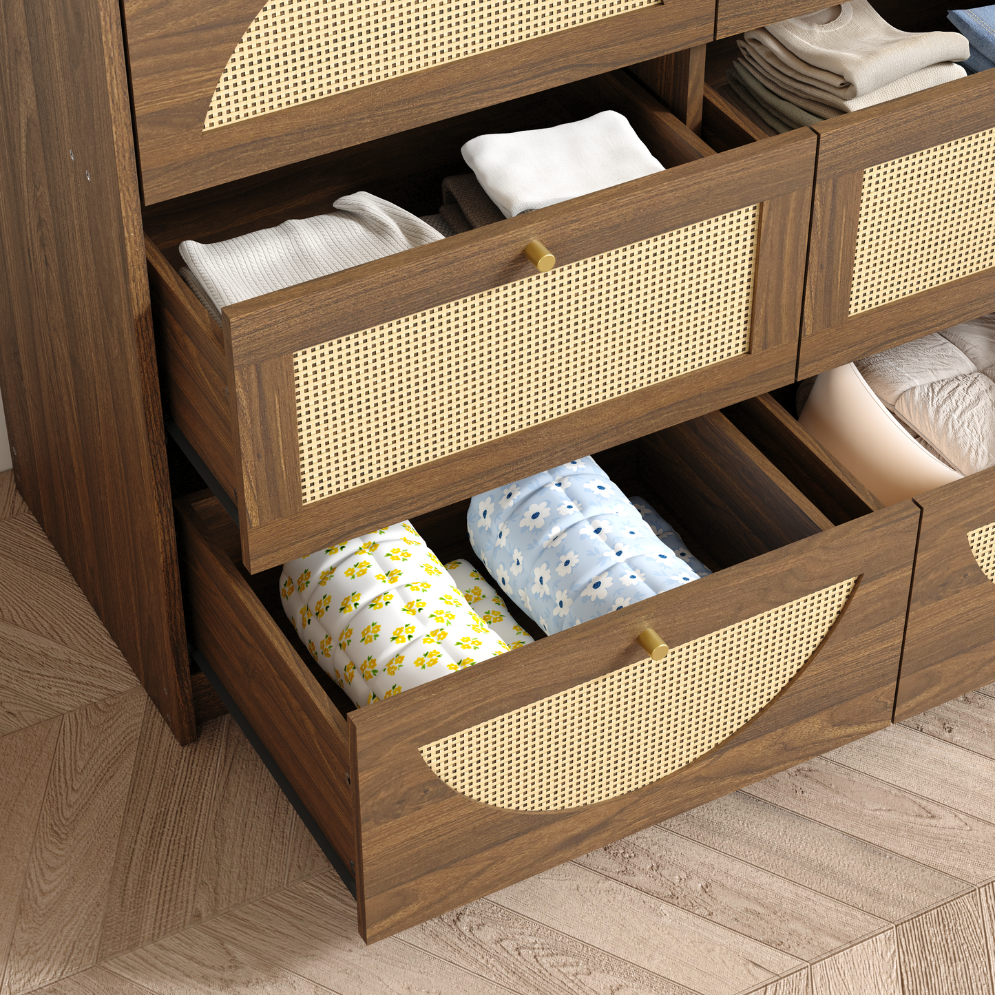 Modern 9-Drawer Dresser with Rattan Front - Walnut Finish
