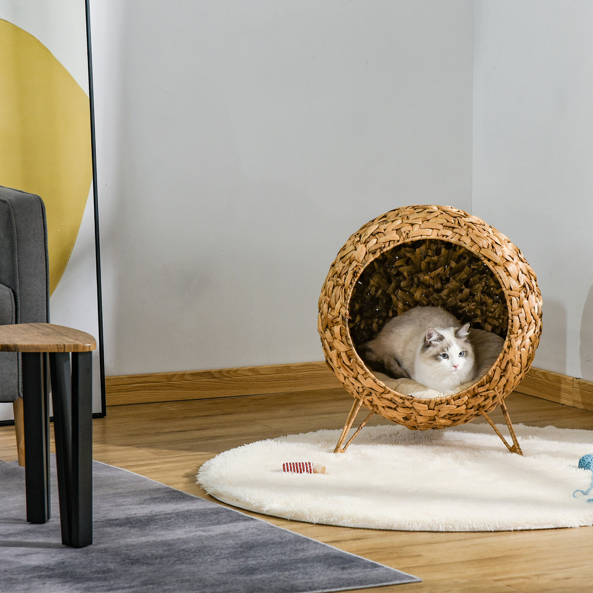 Natural Weaved Cat Bed - Elevated Hand-Woven Banana Leaf Condo with Cushion