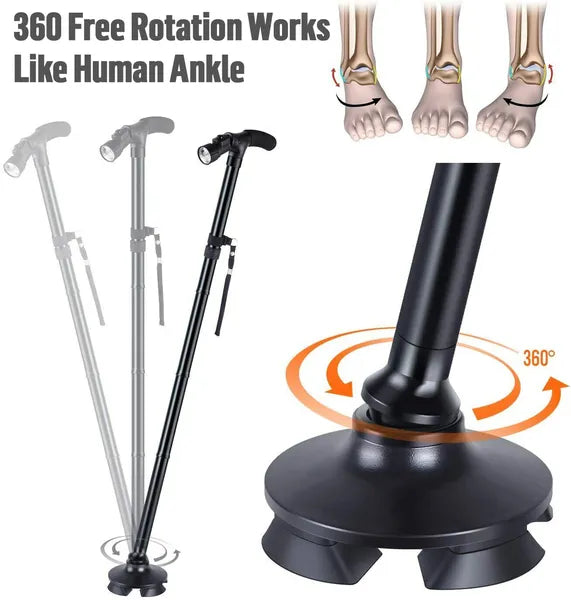 LED Folding Walking Cane with Pivoting Base - Adjustable Height