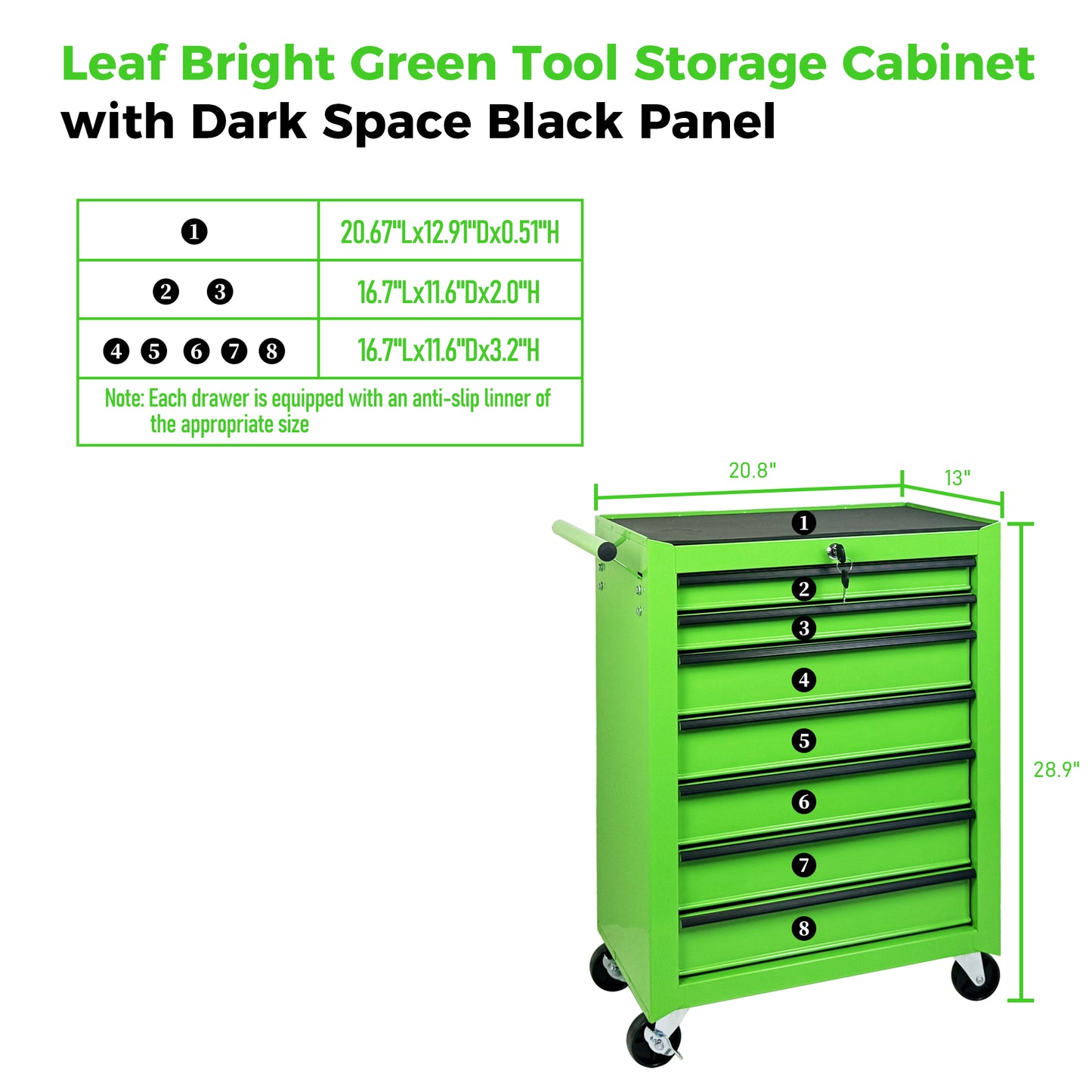 Green Metal Rolling Tool Chest with 7 Drawers - 20-Inch Storage Cabinet