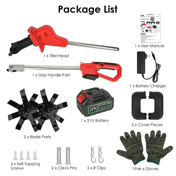 Cordless Electric Garden Tiller Cultivator 21V with 4 Blades & Steel Tines