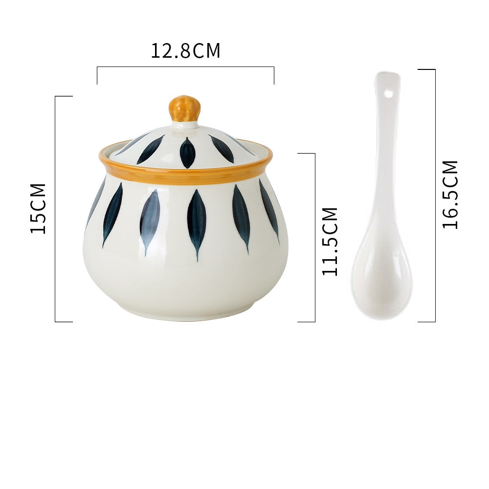 Ceramic Condiment Pot Set with Spoon - Kitchen Tableware, Household