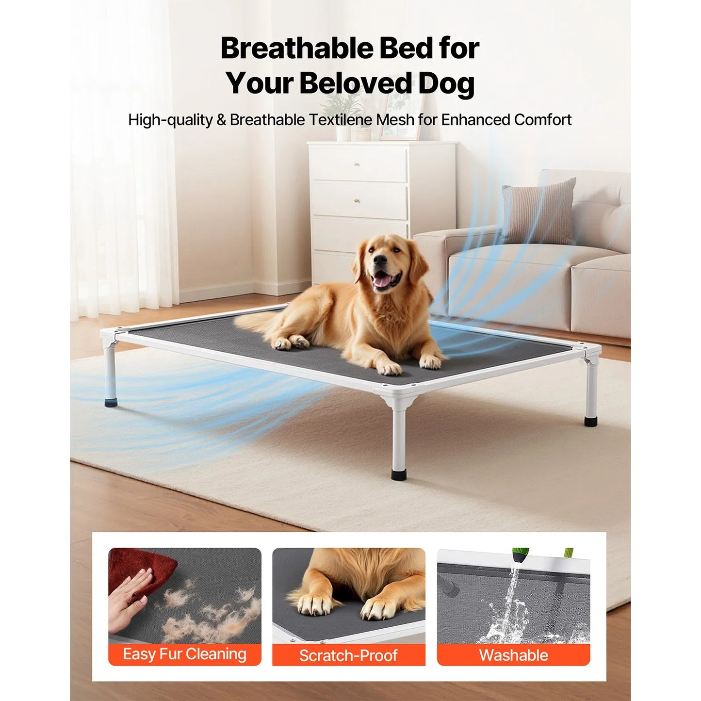 Large Dog Elevated Bed with Aluminum Frame - Breathable Mesh, Washable Pillow, Indoor & Outdoor Use