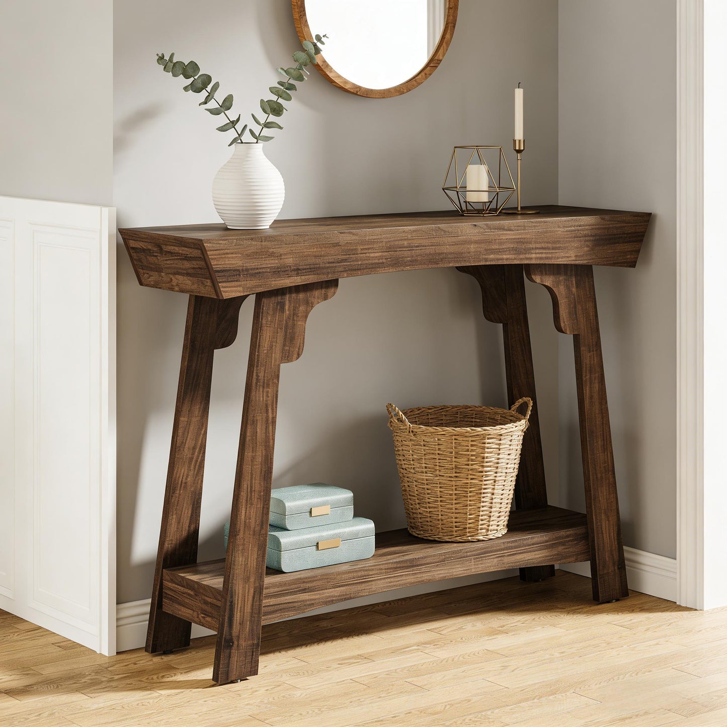 Rustic Brown 2-Tier Console Table - Entryway Storage