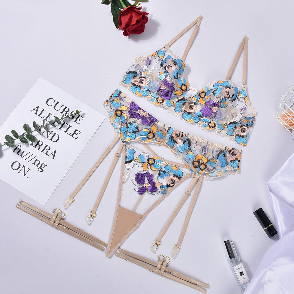 Gather Perspective Embroidery 5-Piece Lingerie Set for Women - Purple & Apricot