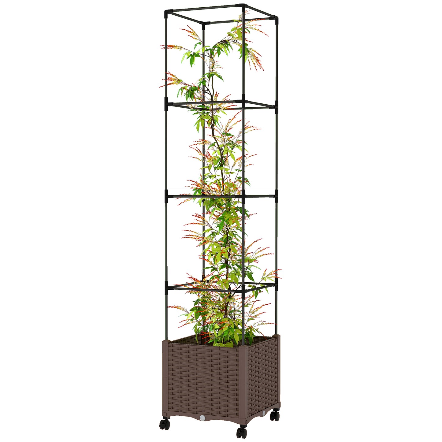 Raised Garden Bed with Trellis and Lockable Wheels - Self Watering Planter, Brown, 440x440x160mm