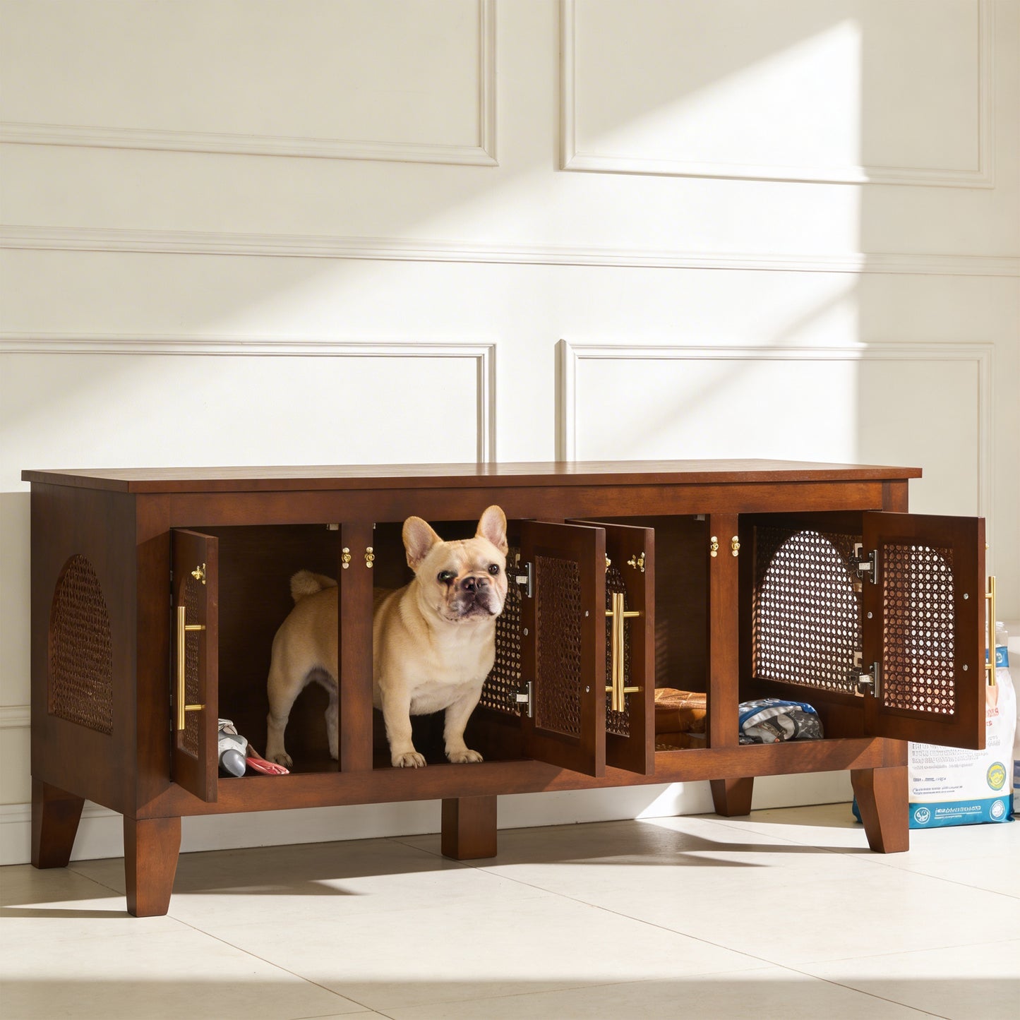 Lars Indoor Rattan Decorated Rubber Wood Dog Crate Cabinet Furniture