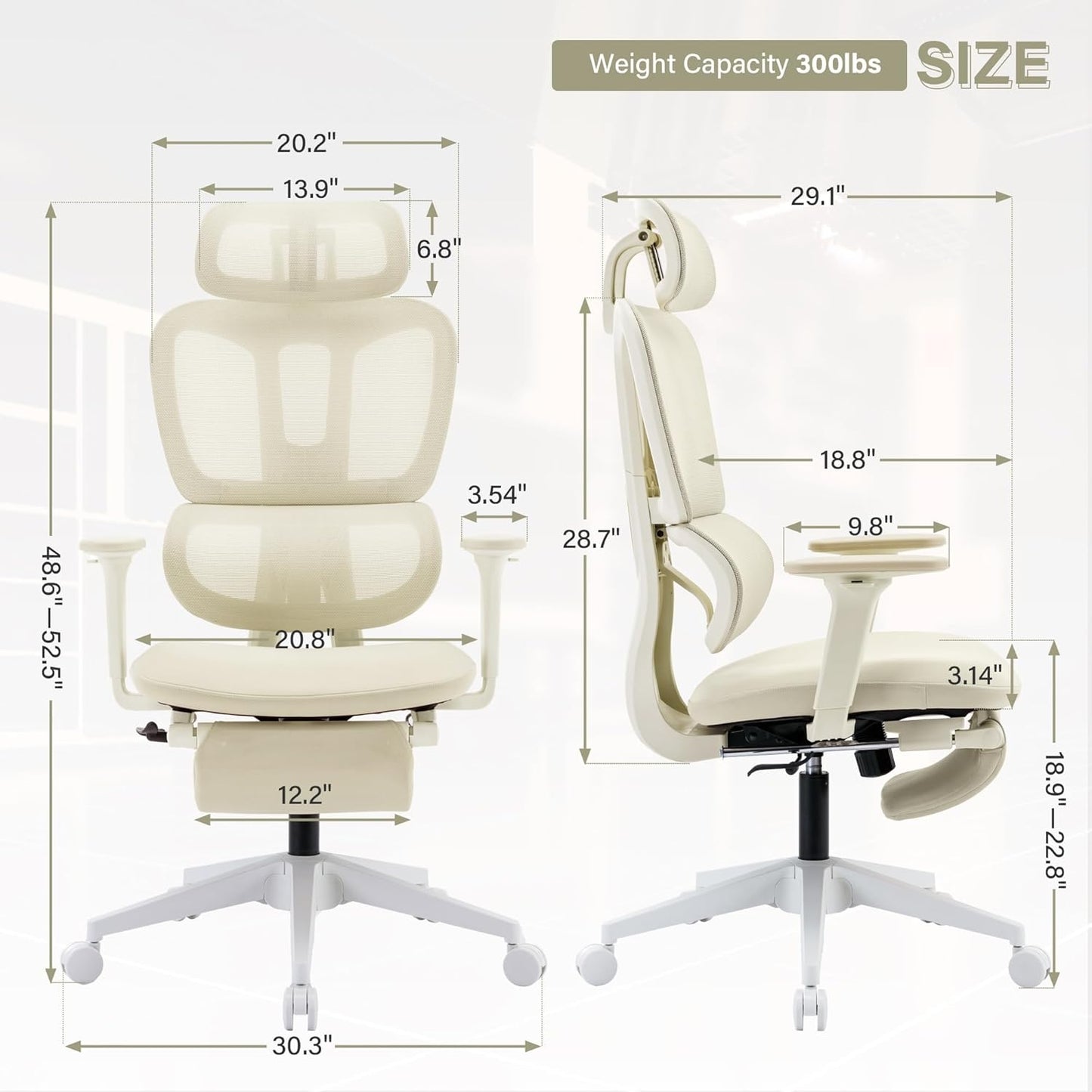 Ergonomic Office Chair with Footrest & Lumbar Support - Cream