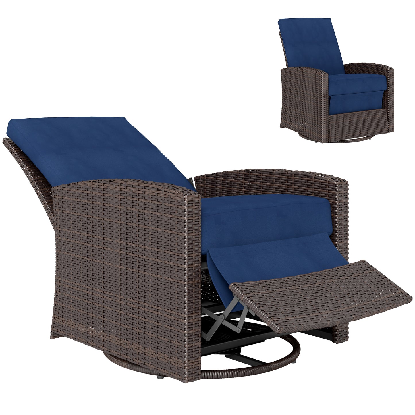 Outdoor Wicker Swivel Chair with Reclining Backrest & Footrest - Dark Blue