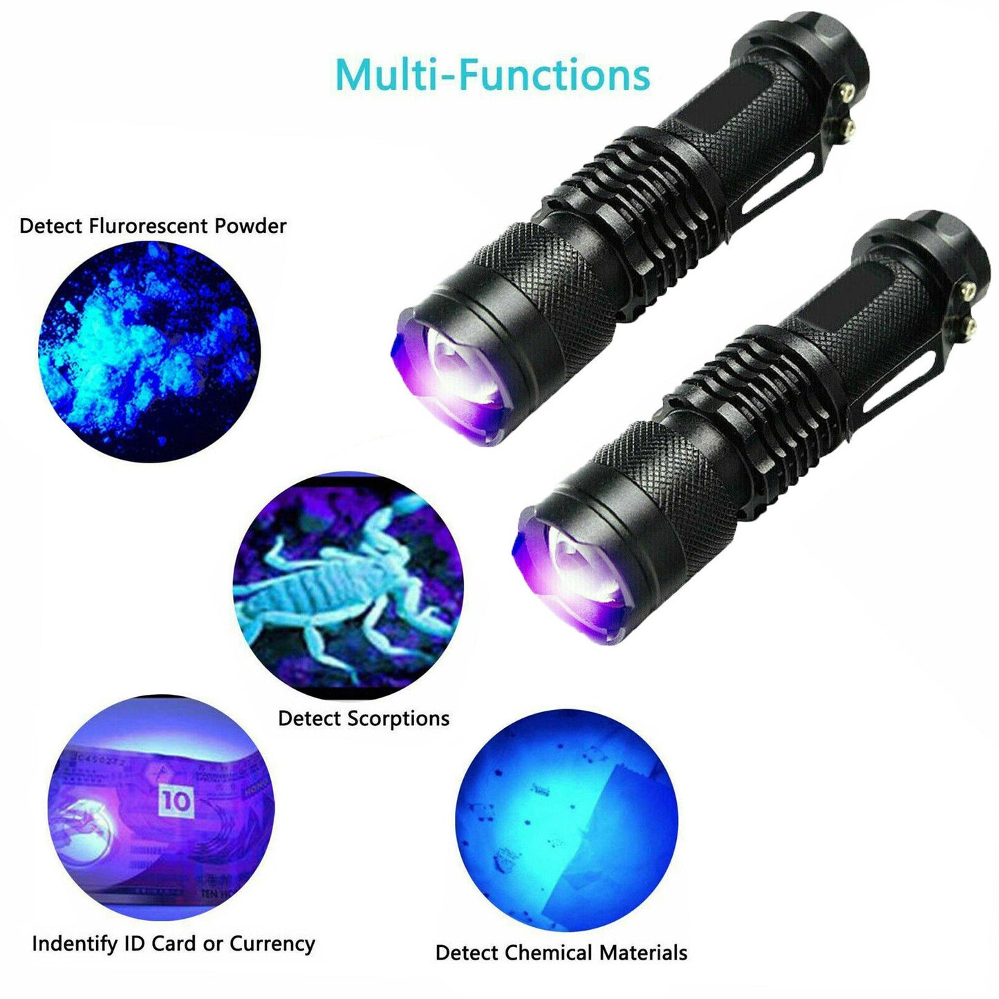 2-Pack UV Flashlight Mini Blacklight Inspection Torch - 395nm