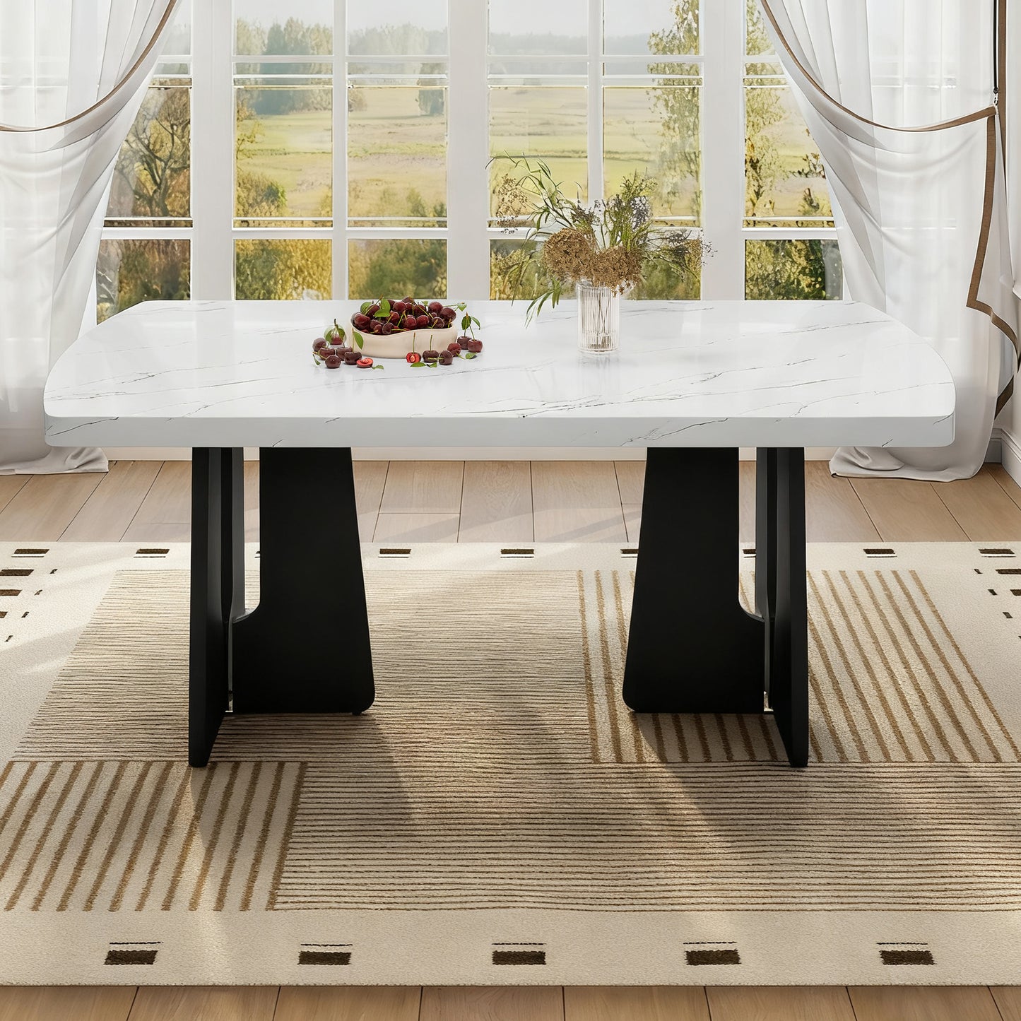 63 Modern Faux Marble Dining Table - Black White Top With Sturdy