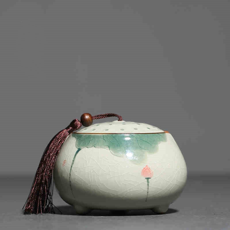 Hand-Painted Lotus Ceramic Tea Caddy with Underglaze Color - Household Storage Jar