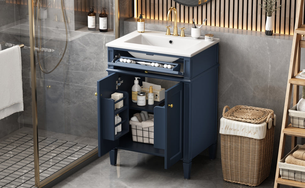 24" Blue Bathroom Vanity with Soft-Close Doors & Storage Drawer