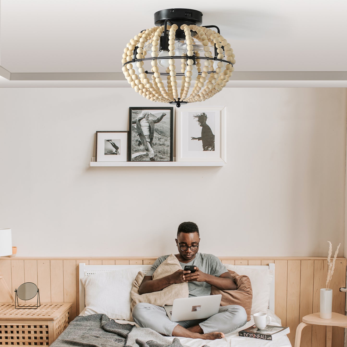 Bohemian Wood Beaded Ceiling Fan with Light - Rustic Chandelier