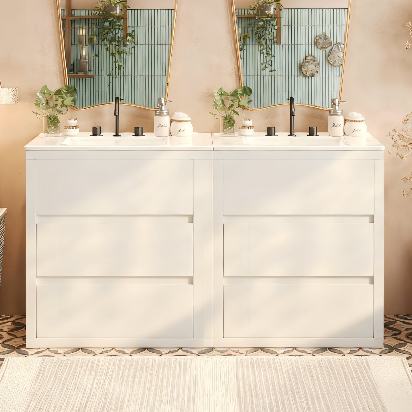60" Double Sink Bathroom Vanity Set with Ceramic Sinks - White
