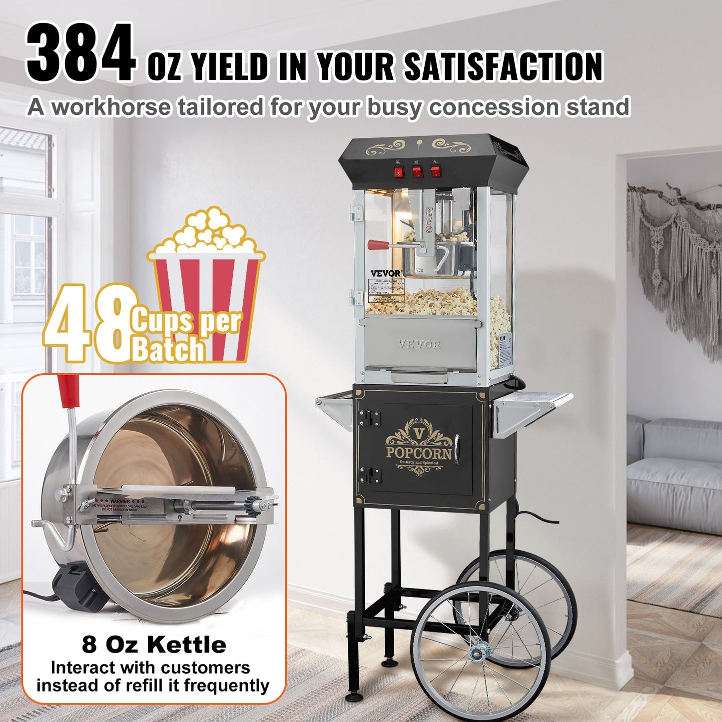 Commercial Popcorn Maker with Cart 850W 8 Oz Capacity for Events & Stores
