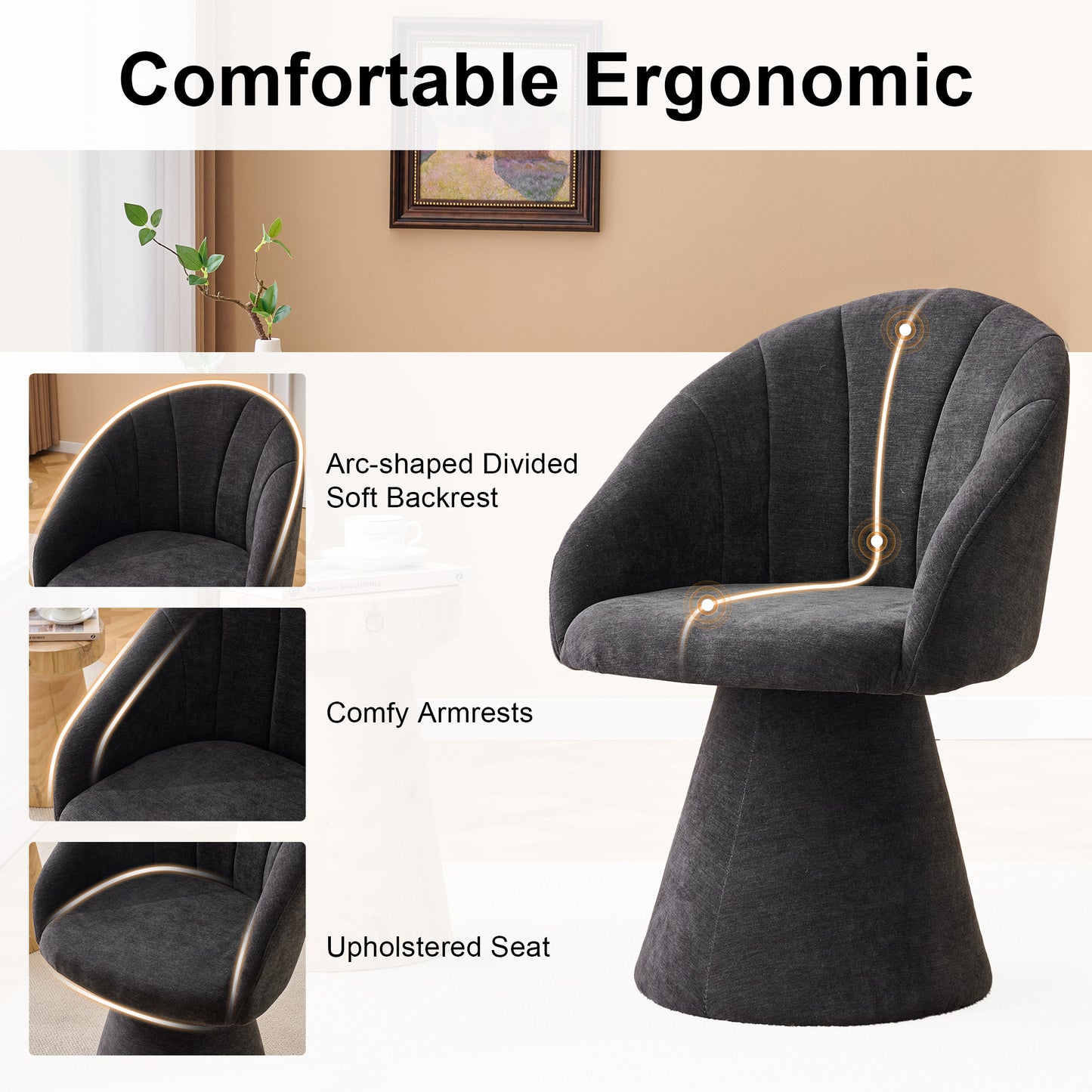 Chenille Fabric Swivel Accent Armchair - Gray Vanity Chair