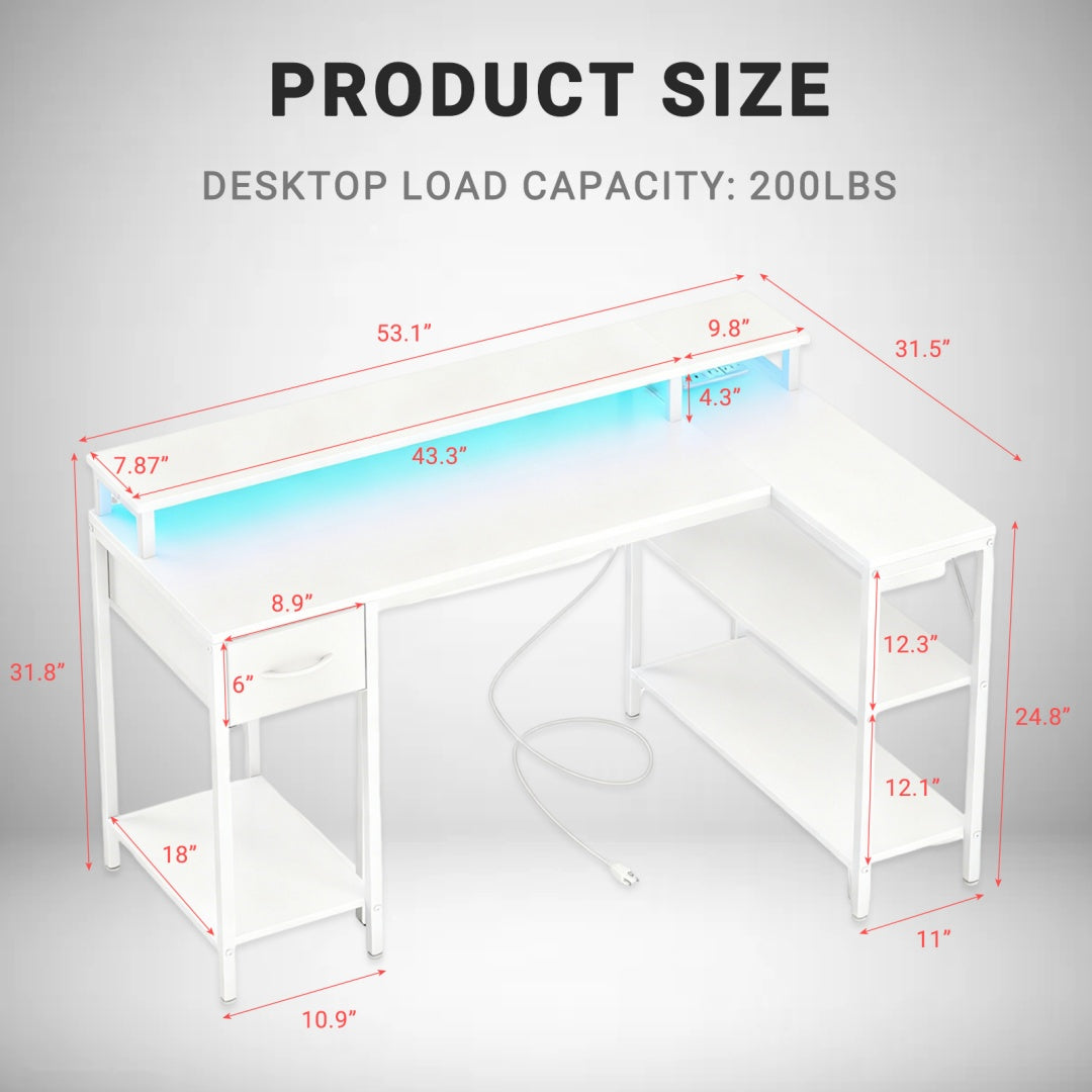 L-Shaped Gaming Table with USB Charging & LED Light