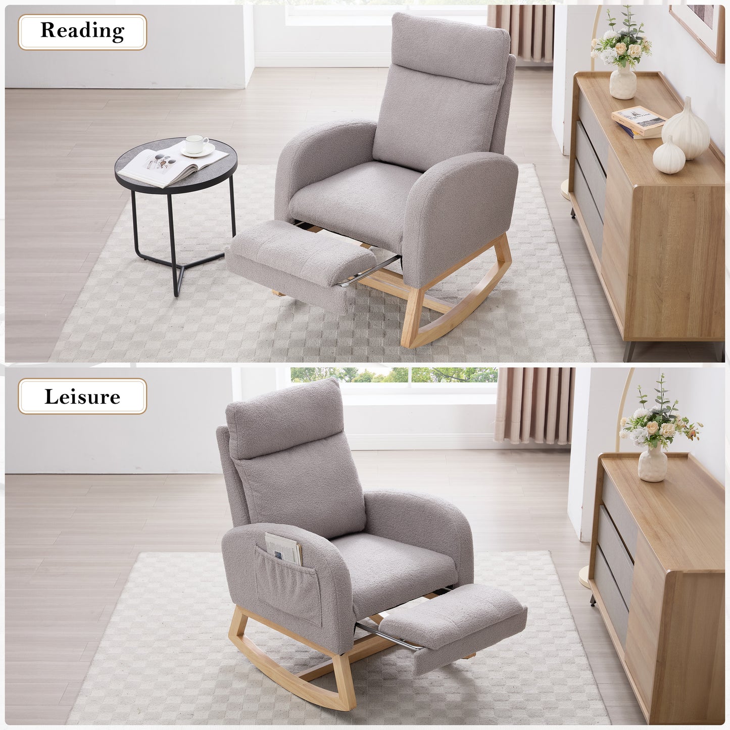 Modern Teddy Fabric Rocking Chair with Adjustable Footstool - Light Gray