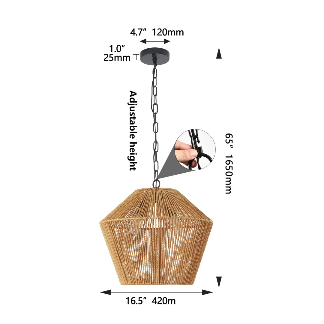 Boho Hemp Rope Pendant Light Fixture - Adjustable Height, Natural Finish