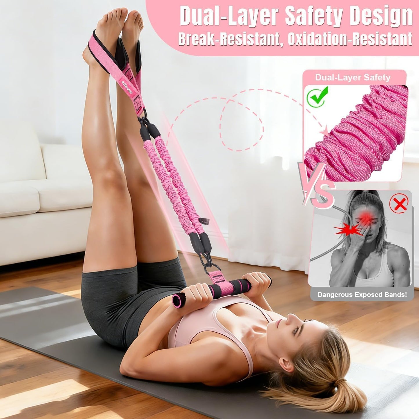 3-Tube Resistance Bands with Handles & Foot Pedals - Pink