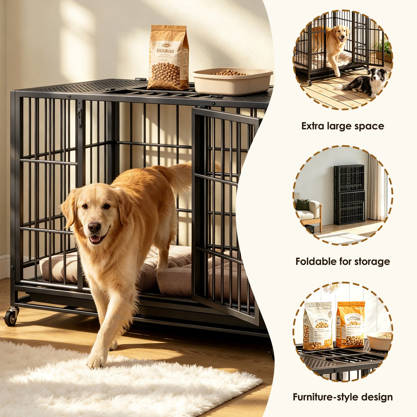 Heavy Duty Dog Crate with Lockable Wheels & Perforated Top - Indoor Outdoor Metal Kennel