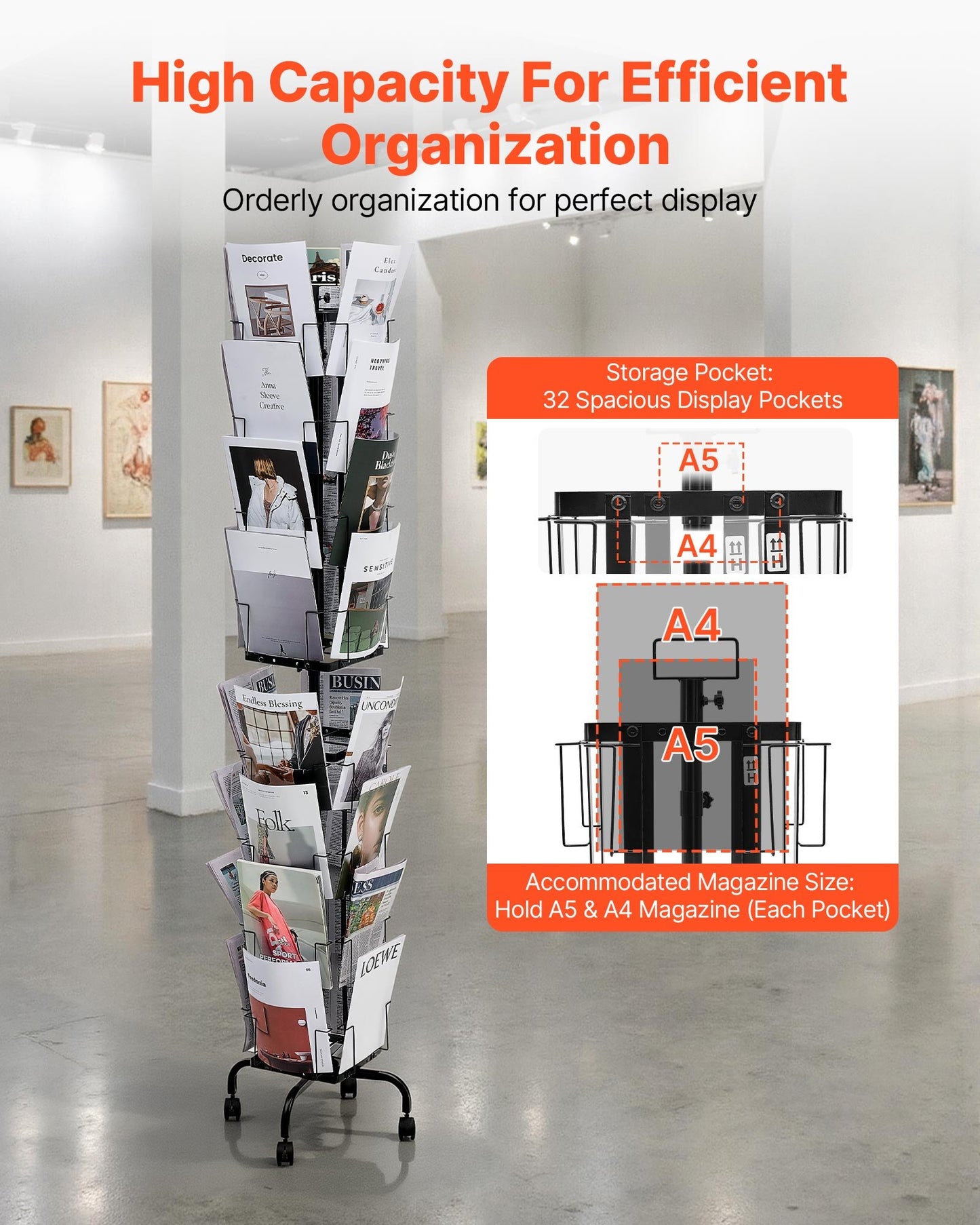 Rotating Card Display Rack with 32 Pockets, Spinning Brochure Stand for Trade Shows & Office