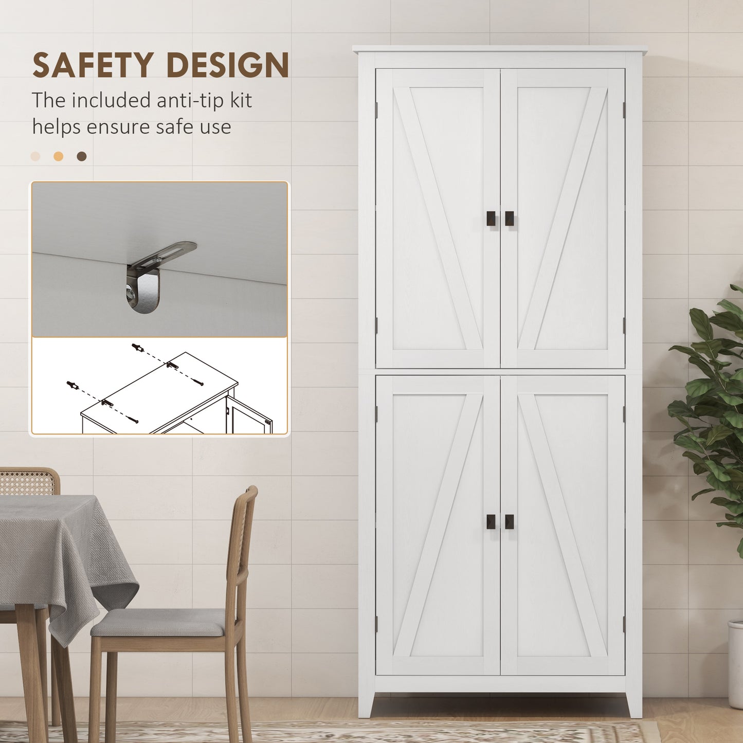 72" Tall Kitchen Pantry Cabinet - Farmhouse Storage with 4 Doors, White