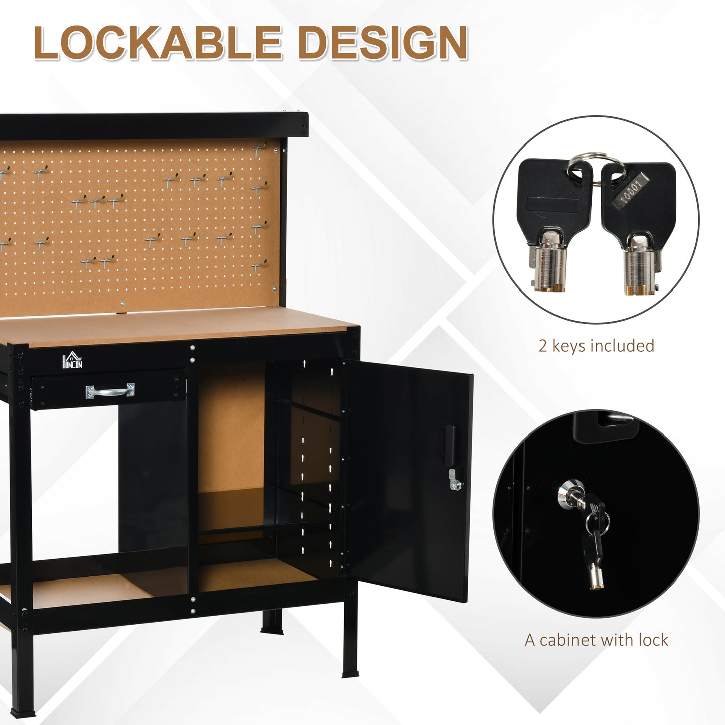 Multipurpose Workshop Workbench with Pegboard Drawer Cabinet Steel Frame Black 1190x580x125mm