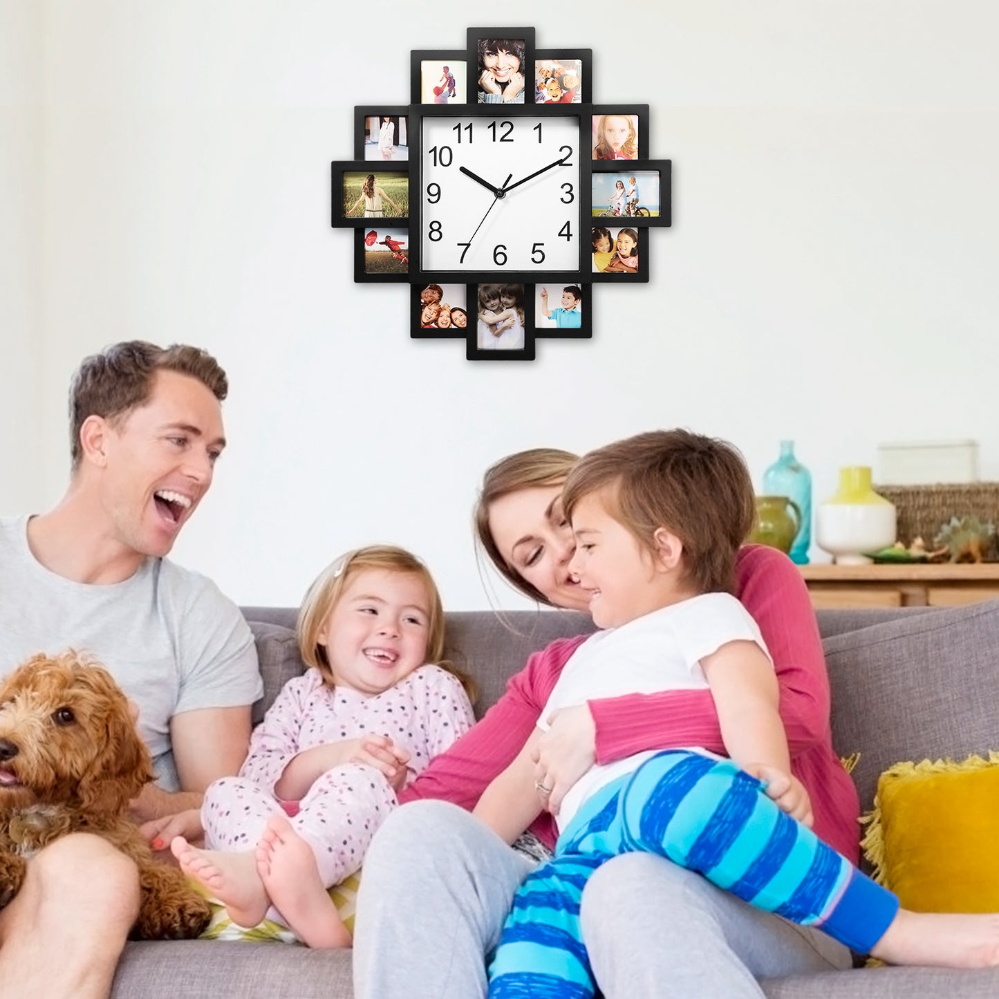 Photo Frame Wall Clock - 12 Picture Collage, Black