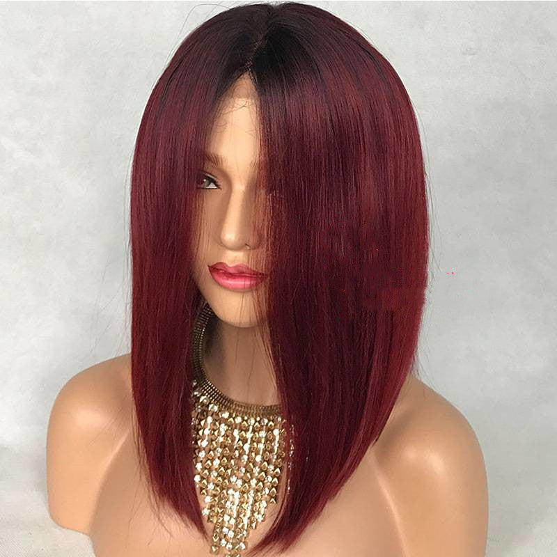 Red Water Wave Peruvian Human Hair Lace Front Wig 16 Inch Short Style