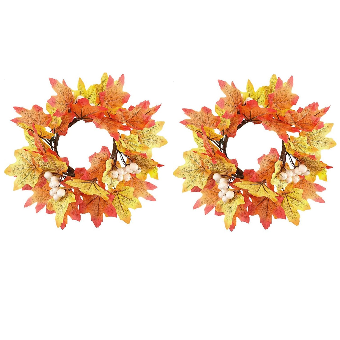 Fall Candle Rings - 2 Pcs Decorative Wreaths with Maple Leaves & Berries