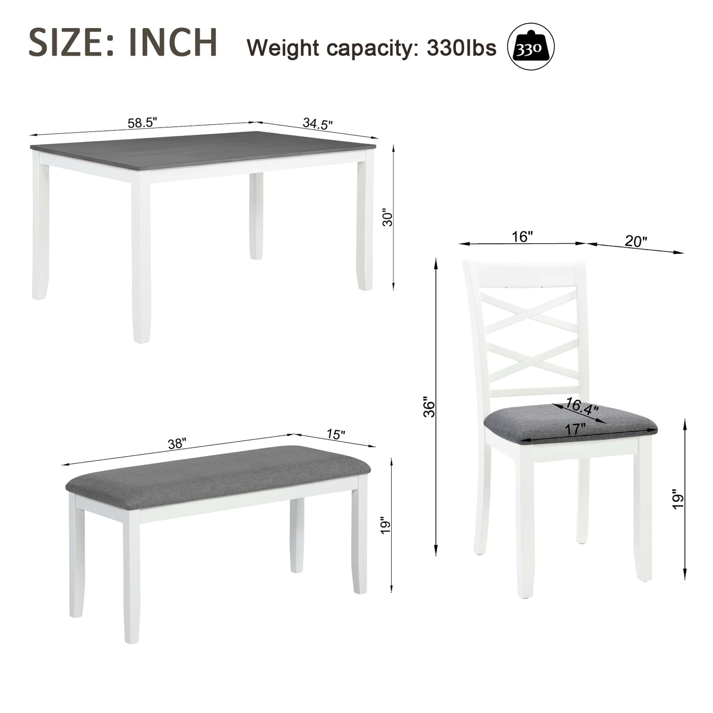6-Piece Modern Dining Table Set with Bench - Grey & White