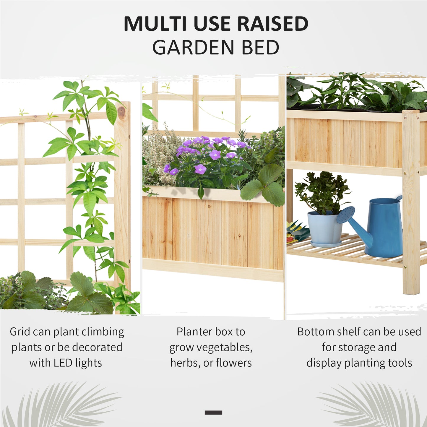 Wooden Raised Garden Bed with Trellis and Open Storage Shelf - Natural, 1235x670x165mm