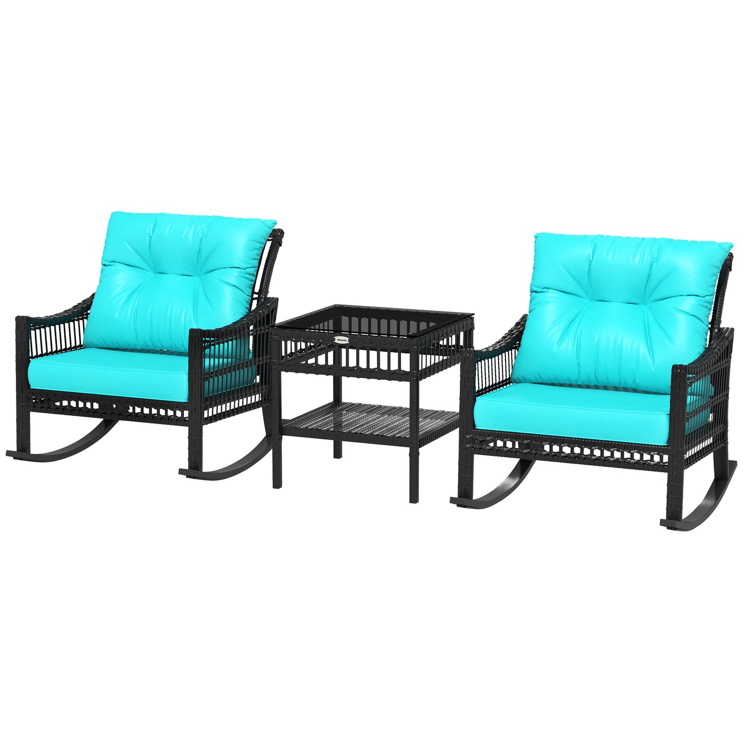 3-Piece Outdoor Rattan Rocking Chair Set with Glass Table - Turquoise