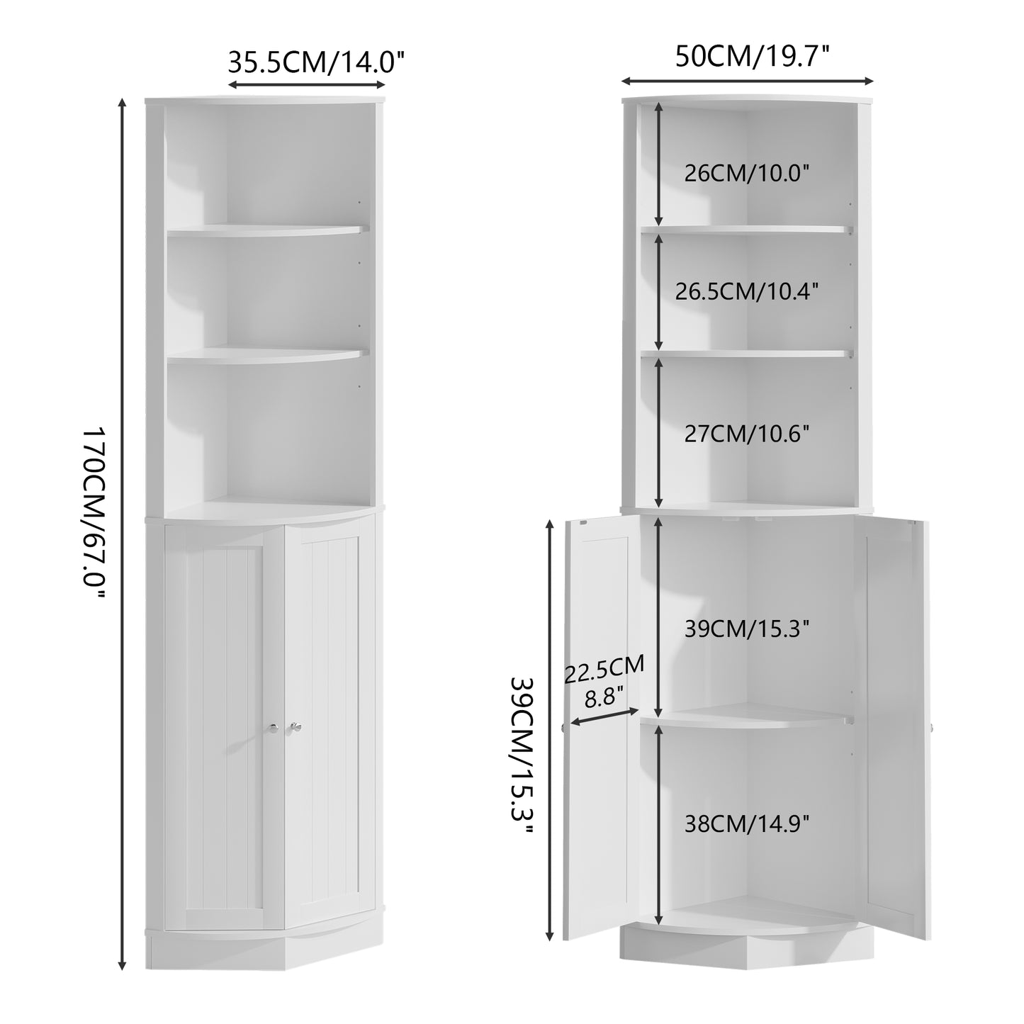 67" Tall Corner Cabinet with 2 Doors and Adjustable Shelves - White