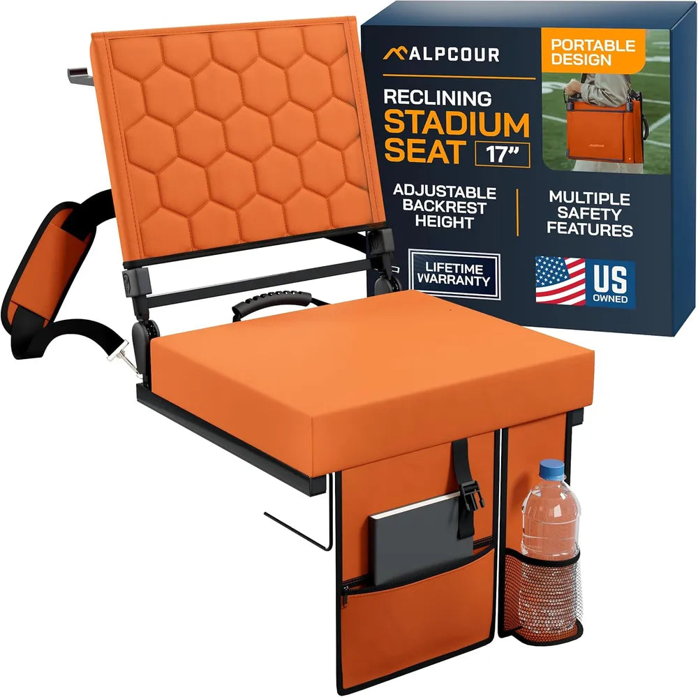 Folding Reclining Stadium Seat with Back Support - Orange