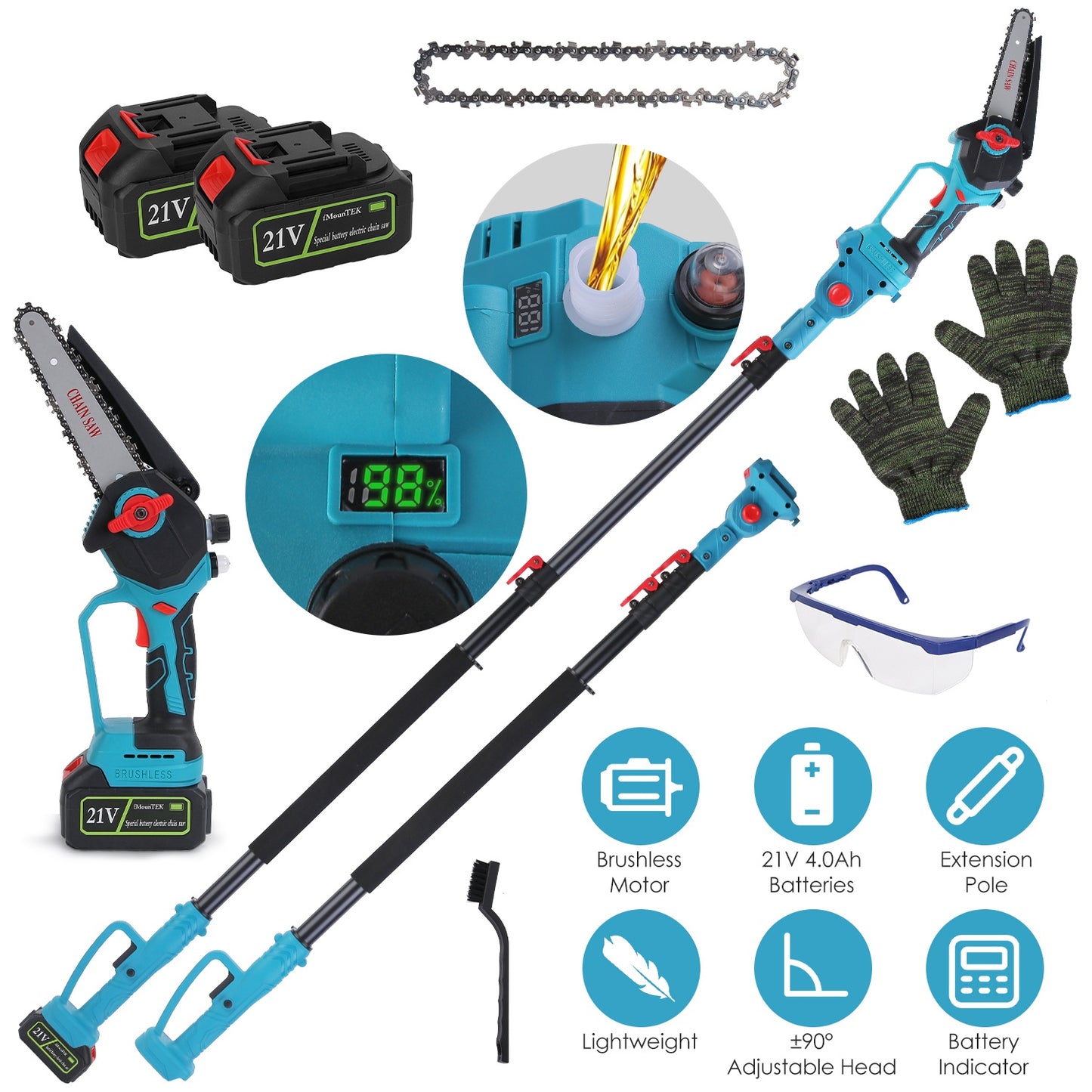 Cordless 21V Electric Pole Chainsaw & Mini Chainsaw with Extension & Digital Display