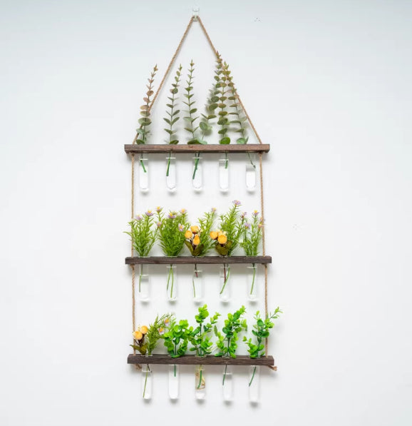 Hydroponic Glass Test Tube Rack with Wooden Stand - Modern Minimalist Decor