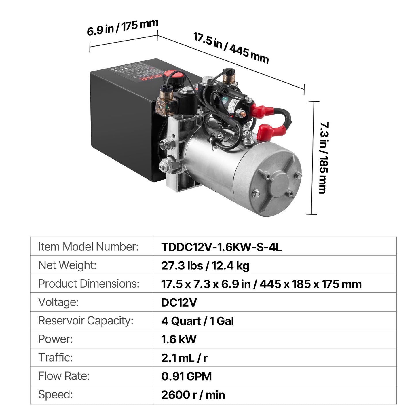 4 Quart Hydraulic Power Unit for Dump Trailers - 3200 PSI 12V Pump, Metal Reservoir