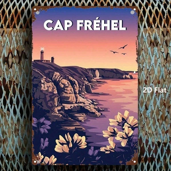 Vintage French Landscape Metal Sign - Cap Frehel Lighthouse