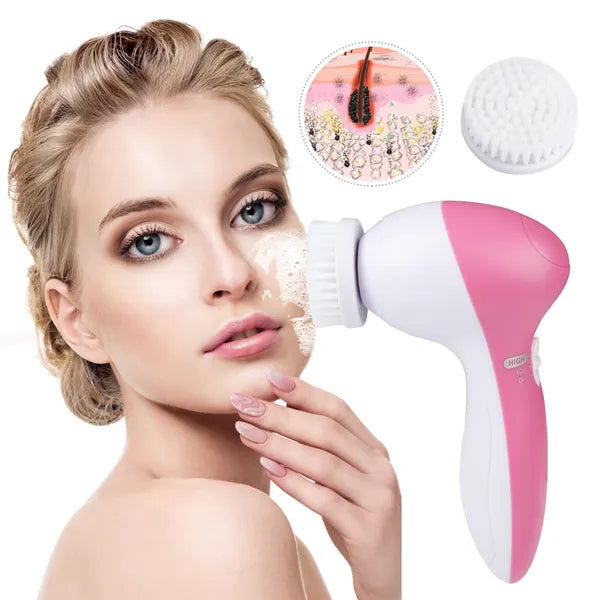 Electric Facial Cleansing Brush with 5 Brush Heads - Pink