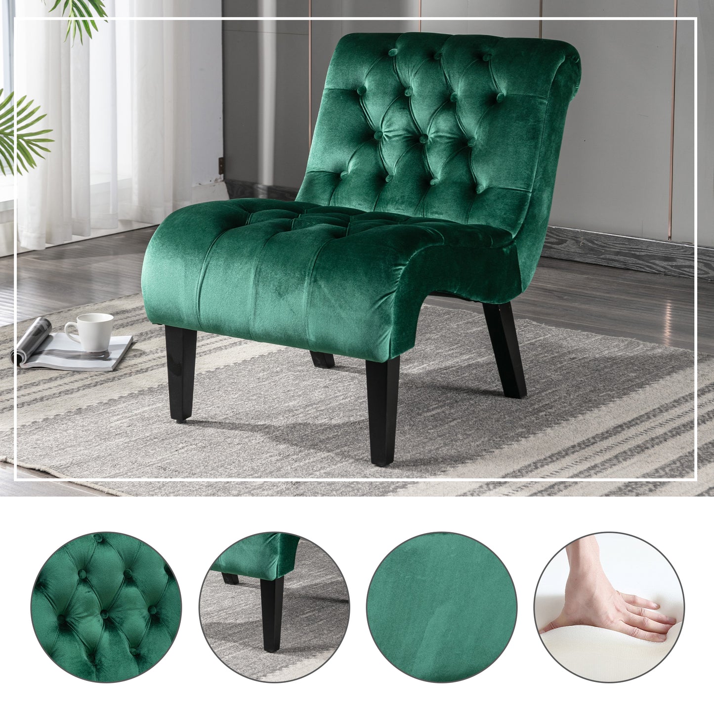 Modern Velvet Armless Accent Chair - Green Upholstered Lounge Chair