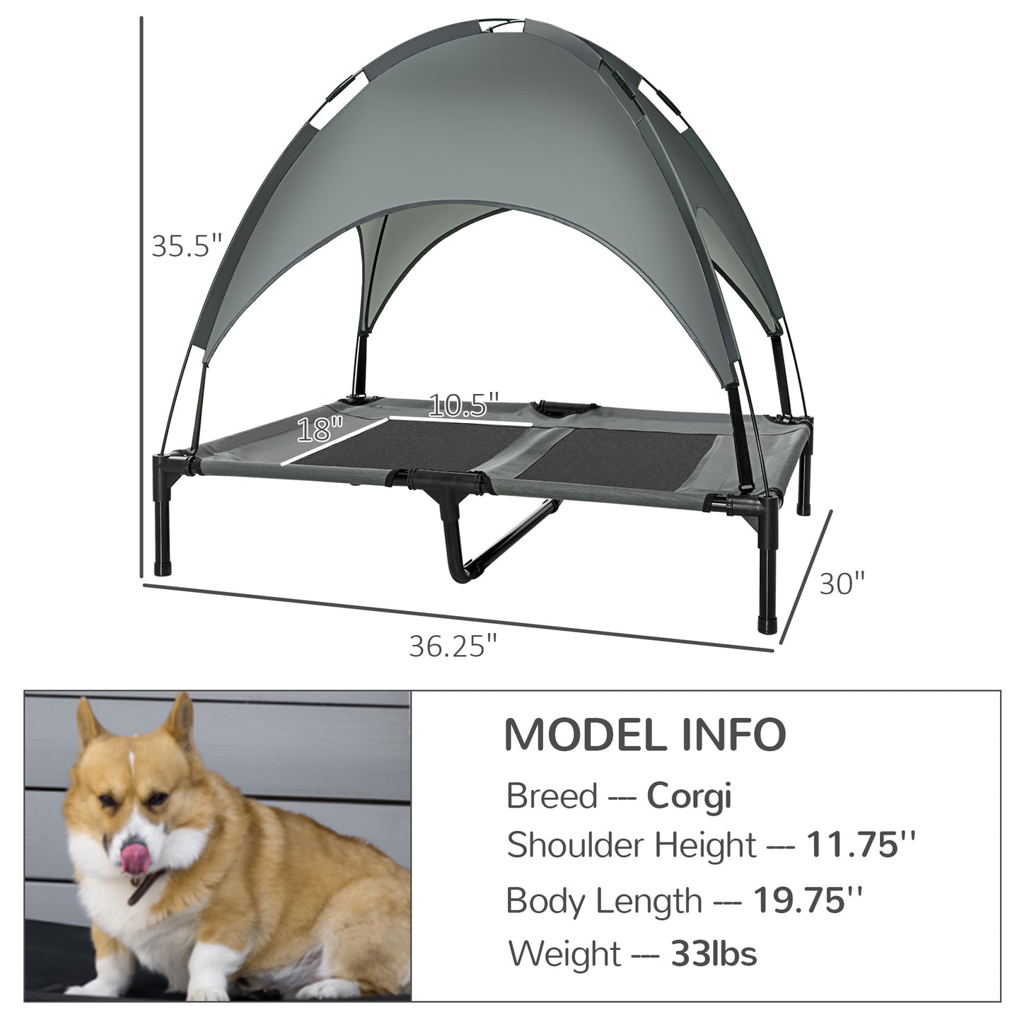 Large Elevated Dog Bed with Removable Canopy - Outdoor Pet Cot 36 Inch Gray